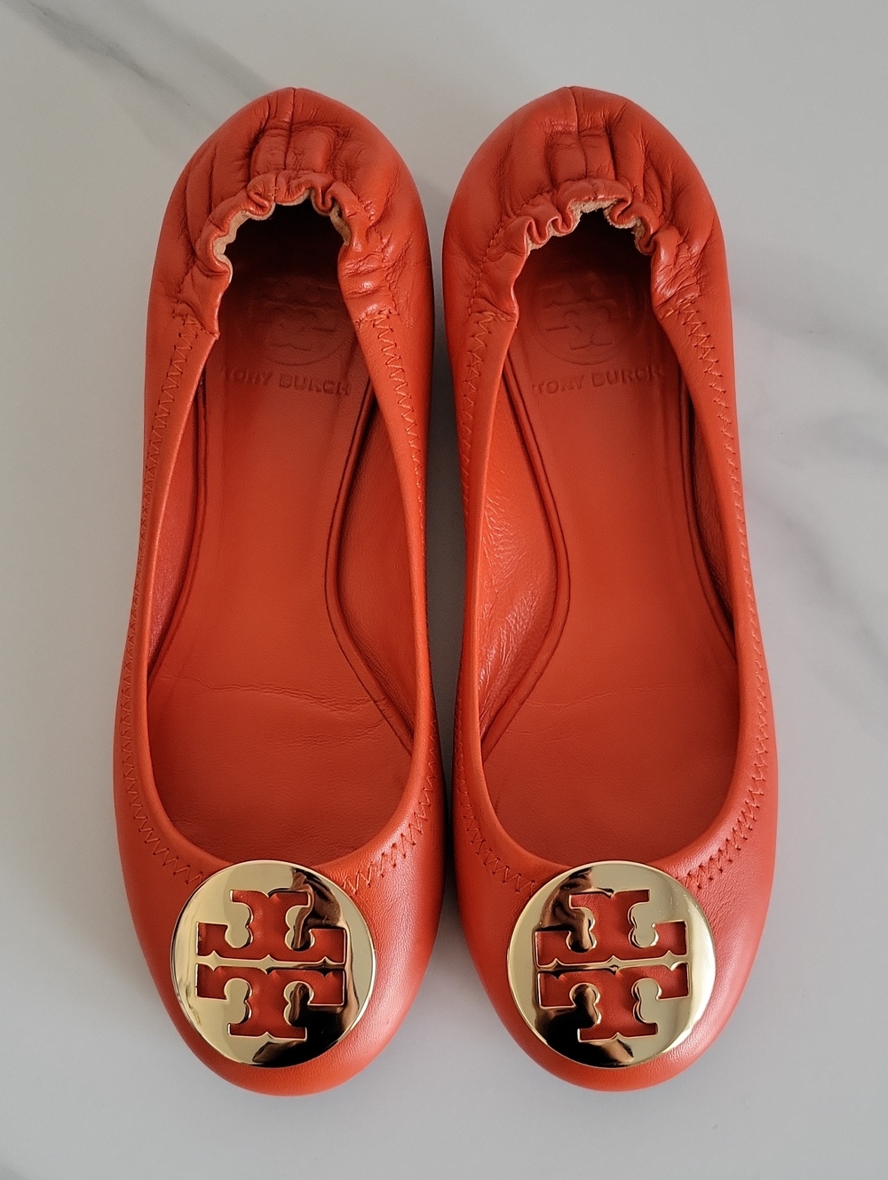 Tory Burch Orange Leather Logo Ballet Flats